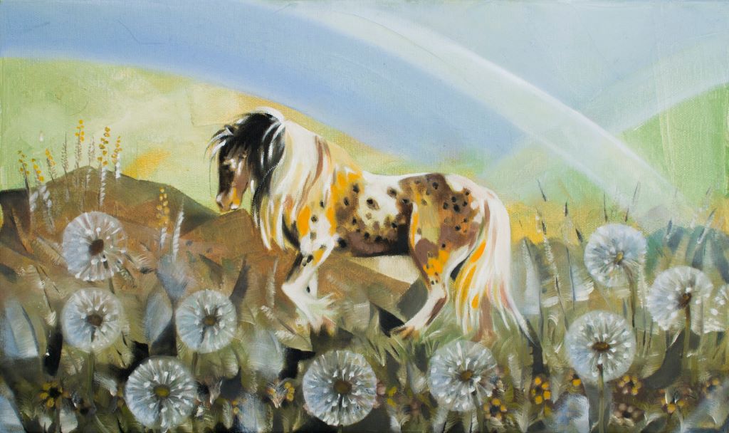 Horse among dandelions